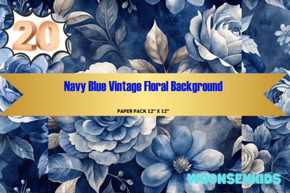 Download 20 Navy Blue Vintage Floral Background Watercolor Png Kdp Digital Paper - Paper Collection