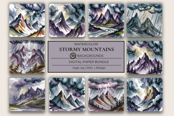 Download Stormy Mountains Watercolor Scene Papers - Paper Collection